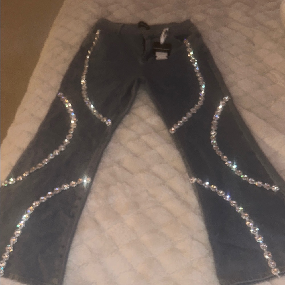 Crystal Embellished Blue Flare Jeans - Picture 3 of 4
